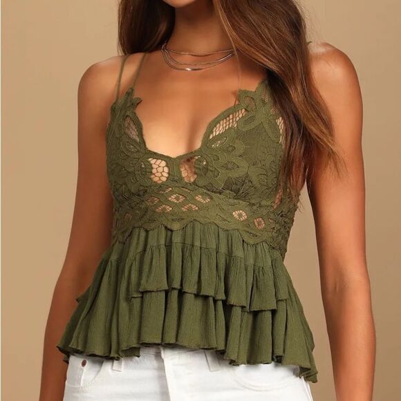 NWT Free People Adella Cami Olive Green Lace Ruffled Tank Top M​ - Picture 1 of 9